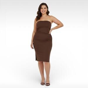 Lulu's Brown Slinky Strapless Midi Dress - Size XL - NWT Cinched Sides with Slit